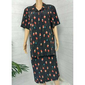 Vintage Joan Leslie SZ 16 Matching Outfit Button Blouse A-line Midi Skirt Black